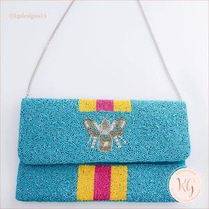 Bumble Queen Bee Aqua Hot Pink Seed Bead Crossbody